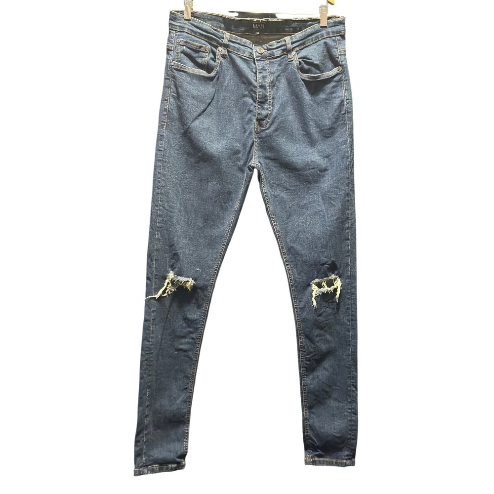 Size 36 - Boohoo MAN Skinny Distressed Jeans Mens Medium Wash Blue Ripped Knee